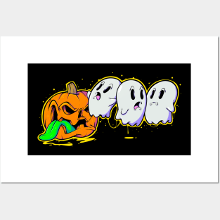 Spooky Creepy Halloween Evil Pumpkin Eating Ghost Halloween Gamer Posters and Art